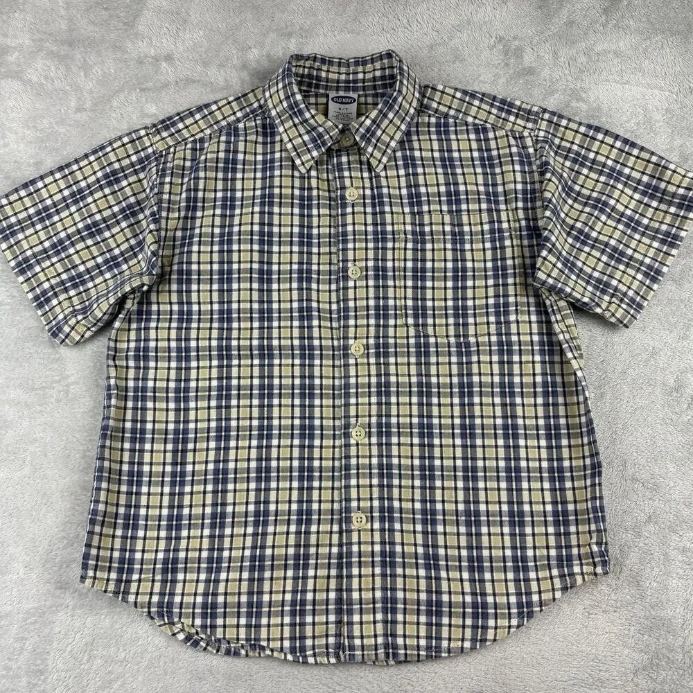 Vintage Old Navy Button Up Shirt Boys Sz 6/7 Blue Tan Plaid Short Sleeve Skater